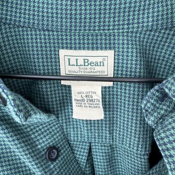 LL Bean Traditional Fit Button Up Shirt Mens Large Reg Green Houndstooth Pocket - Picture 2 of 6